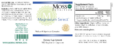 Photo of the Moss Nutrition Magnesium Select label