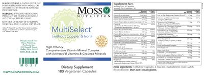 Photo of the Moss Nutrition MultiSelect (without Copper & Iron) label