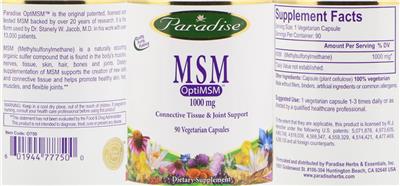 Photo of the Paradise MSM 1000 mg label