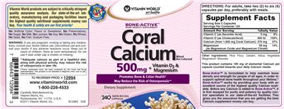 Photo of the Vitamin World Coral Calcium 500 mg + Vitamin D3 & Magnesium label