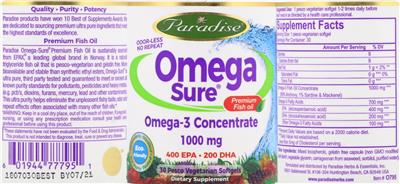 Photo of the Paradise Omega Sure label