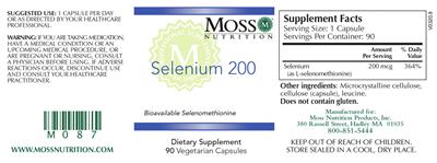 Photo of the Moss Nutrition Selenium 200 label