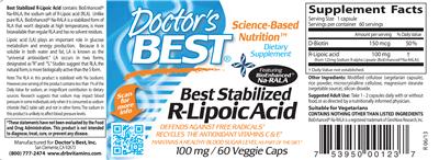 Photo of the Doctor's Best Best Stabilized R-Lipoic Acid 100 mg label