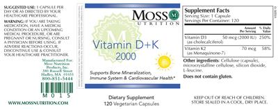 Photo of the Moss Nutrition Vitamin D + K 2000 label