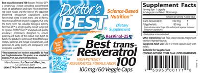Photo of the Doctor's Best Best Trans-Resveratrol 100 label