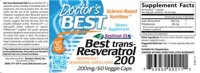 Photo of the Doctor's Best Best Trans-Resveratrol 200 label