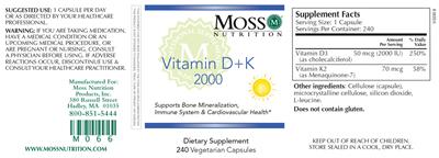 Photo of the Moss Nutrition Vitamin D + K 2000 label