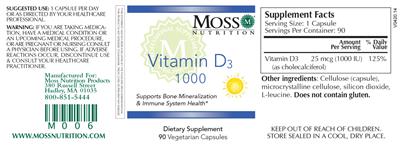 Photo of the Moss Nutrition Vitamin D3 1000 label
