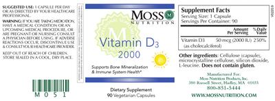 Photo of the Moss Nutrition Vitamin D3 2000 label