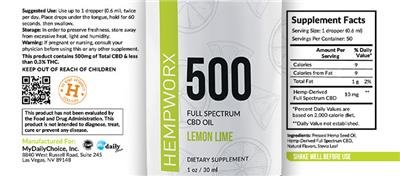 Photo of the HempWorx 500 Full Spectrum CBD Oil Lemon Lime label