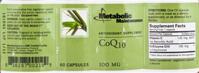 Photo of the Metabolic Maintenance CoQ10 100 mg label