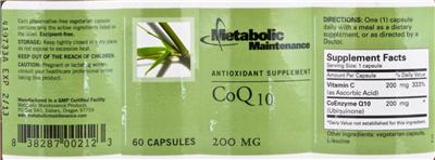 Photo of the Metabolic Maintenance CoQ10 label
