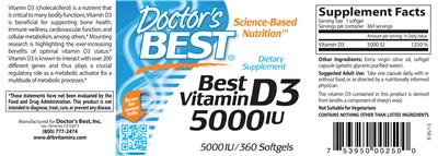 Photo of the Doctor's Best Best Vitamin D3 5000 IU label