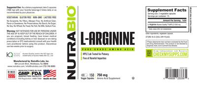 Photo of the NutraBio L-Arginine 750 mg label