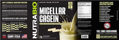 Photo of the NutraBio Micellar Casein Alpine Vanilla label
