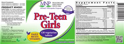 Photo of the MNP Michael's Naturopathic Programs Pre-Teen Girls Daily Multi Vitamin label