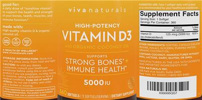 Photo of the Viva Naturals High-Potency Vitamin D3 5000 IU label