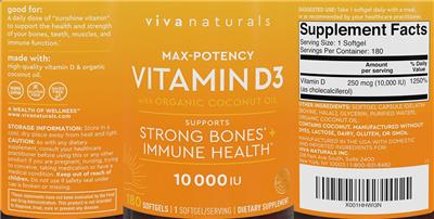 Photo of the Viva Naturals Max-Potency Vitamin D3 10000 IU label