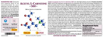 Photo of the ProCaps Laboratories Acetyl L-Carnitine 500 label
