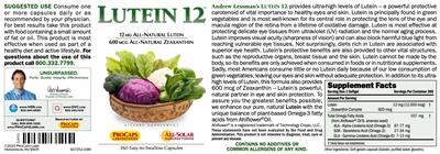 Photo of the ProCaps Laboratories Lutein 12 label