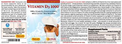 Photo of the ProCaps Laboratories Vitamin D3 1000 label