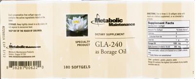 Photo of the Metabolic Maintenance GLA-240 as Borage Oil label