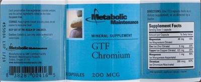 Photo of the Metabolic Maintenance GTF Chromium label