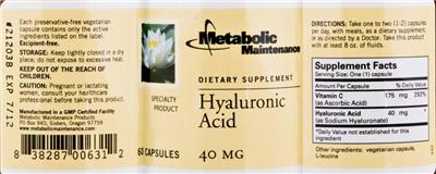 Photo of the Metabolic Maintenance Hyaluronic Acid label