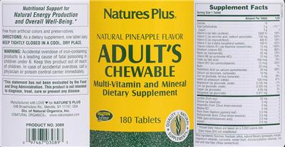 Photo of the Natures Plus Adult's Chewable Natural Pineapple Flavor label