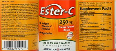 Photo of the American Health Ester-C 250 mg Orange Flavored Wafers label