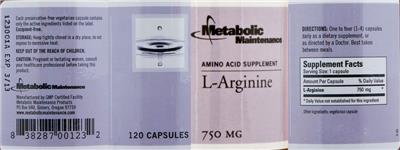 Photo of the Metabolic Maintenance L-Arginine label