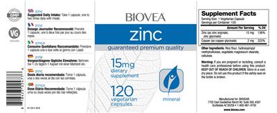 Photo of the BIOVEA Zinc 15 mg label