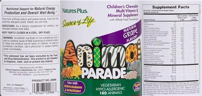 Photo of the Natures Plus Source of Life Animal Parade Children's Chewable Multi-Vitamin & Mineral Supplement Natural Grape Flavor! label