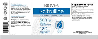 Photo of the BIOVEA L-Citrulline 500 mg label