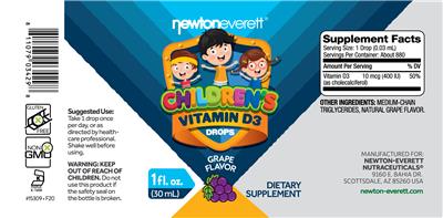Photo of the NewtonEverett Children's Vitamin D3 Drops Grape Flavor label