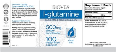 Photo of the BIOVEA L-Glutamine 500 mg label