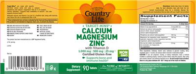 Photo of the Country Life Target-Mins Calcium Magnesium Zinc with Vitamin D label