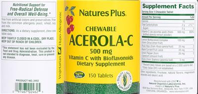 Photo of the Natures Plus Chewable Acerola-C 500 mg label