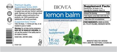 Photo of the BIOVEA Lemon Balm label