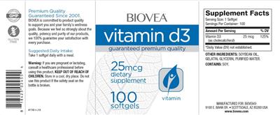 Photo of the BIOVEA Vitamin D3 25 mcg label