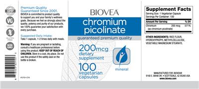 Photo of the BIOVEA Chromium Picolinate 200 mcg label