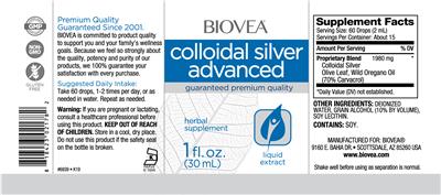 Photo of the BIOVEA Colloidal Silver Advanced label