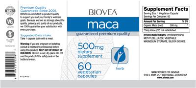 Photo of the BIOVEA Maca 500 mg label