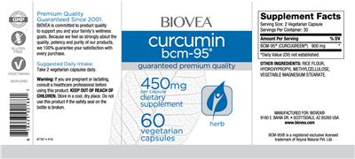 Product label for Curcumin BCM-95