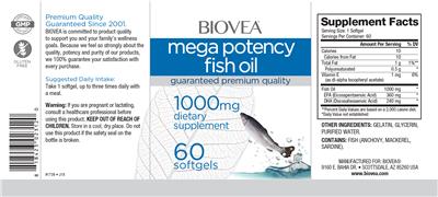 Photo of the BIOVEA Mega Potency Fish Oil 1000 mg label