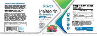 Photo of the BIOVEA Melatonin Gummies 5 mg Mixed Berry Flavored label
