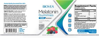 Photo of the BIOVEA Melatonin Gummies 10 mg Mixed Berry Flavored label