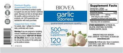 Photo of the BIOVEA Garlic Odorless 500 mg label