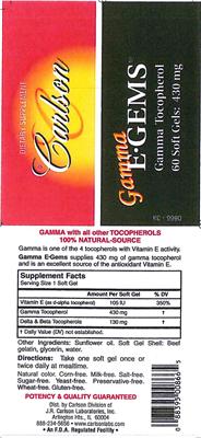 Photo of the Carlson Gamma E-Gems 430 mg label