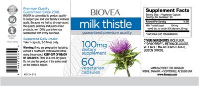 Photo of the BIOVEA Milk Thistle 100 mg label